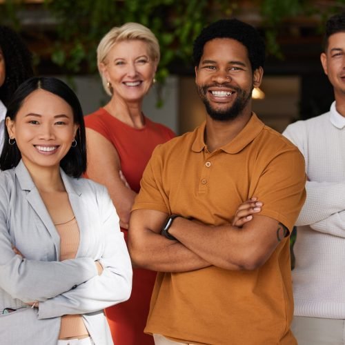 Portrait, smile and group of business people with arms crossed for career pride. Teamwork diversity.